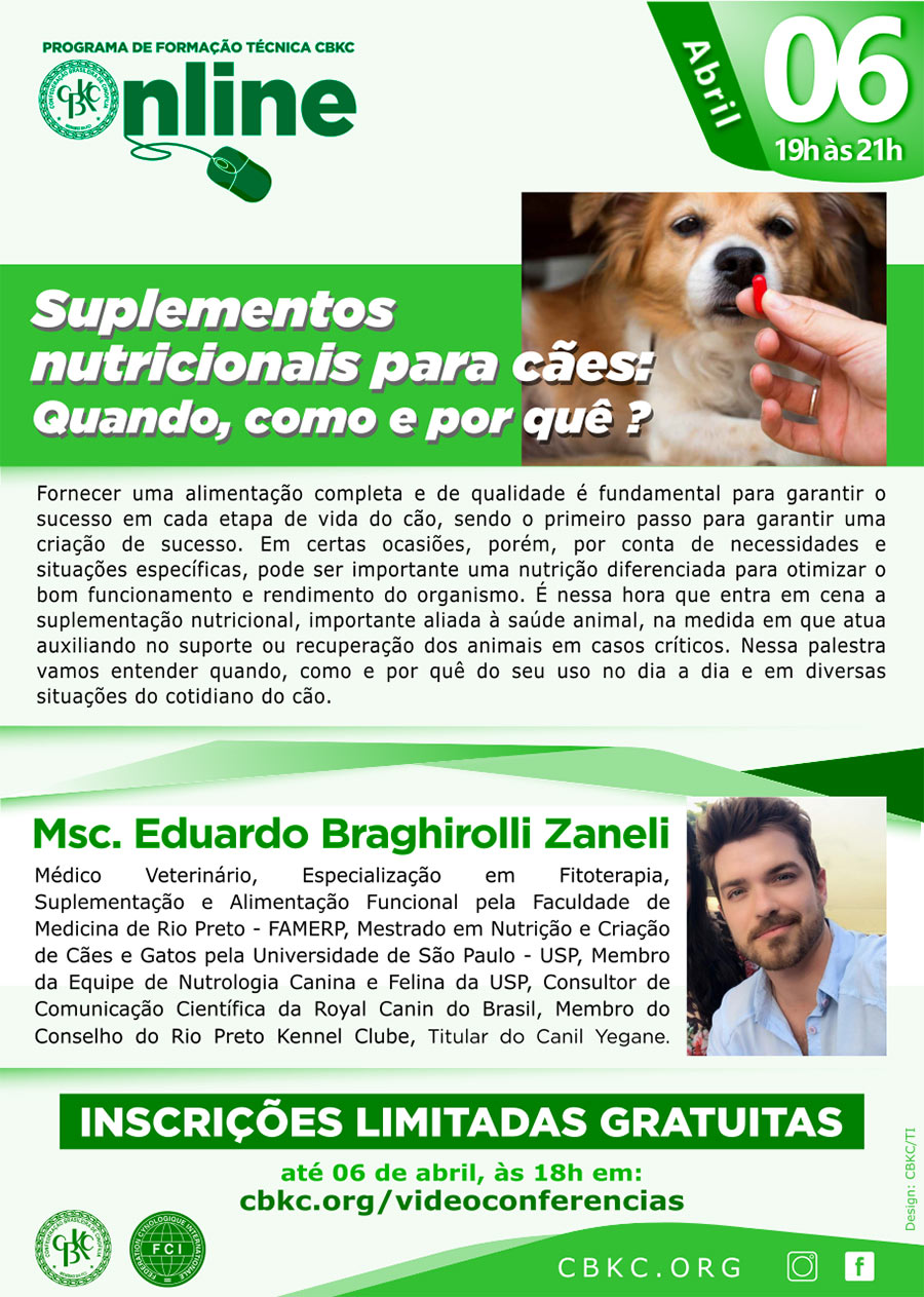 Imagem Videoconferências CBKC: Suplementos Nutricionais para Cães: Quando, como e porquê?
